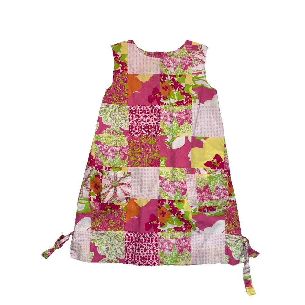 Lilly Pulitzer Girls Pink Green Floral Sleeveless Patchwork Shift Dress Size‎ 4